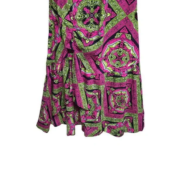 OFUURE Womens Large Pink Green African Print Colorful Maxi Dress Bell Sleeve - Picture 3 of 7